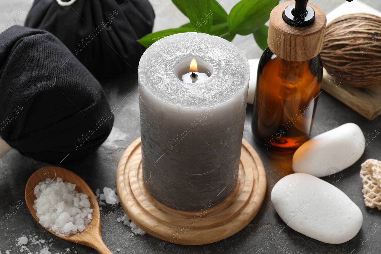 Photo of Spa composition with different products on grey table