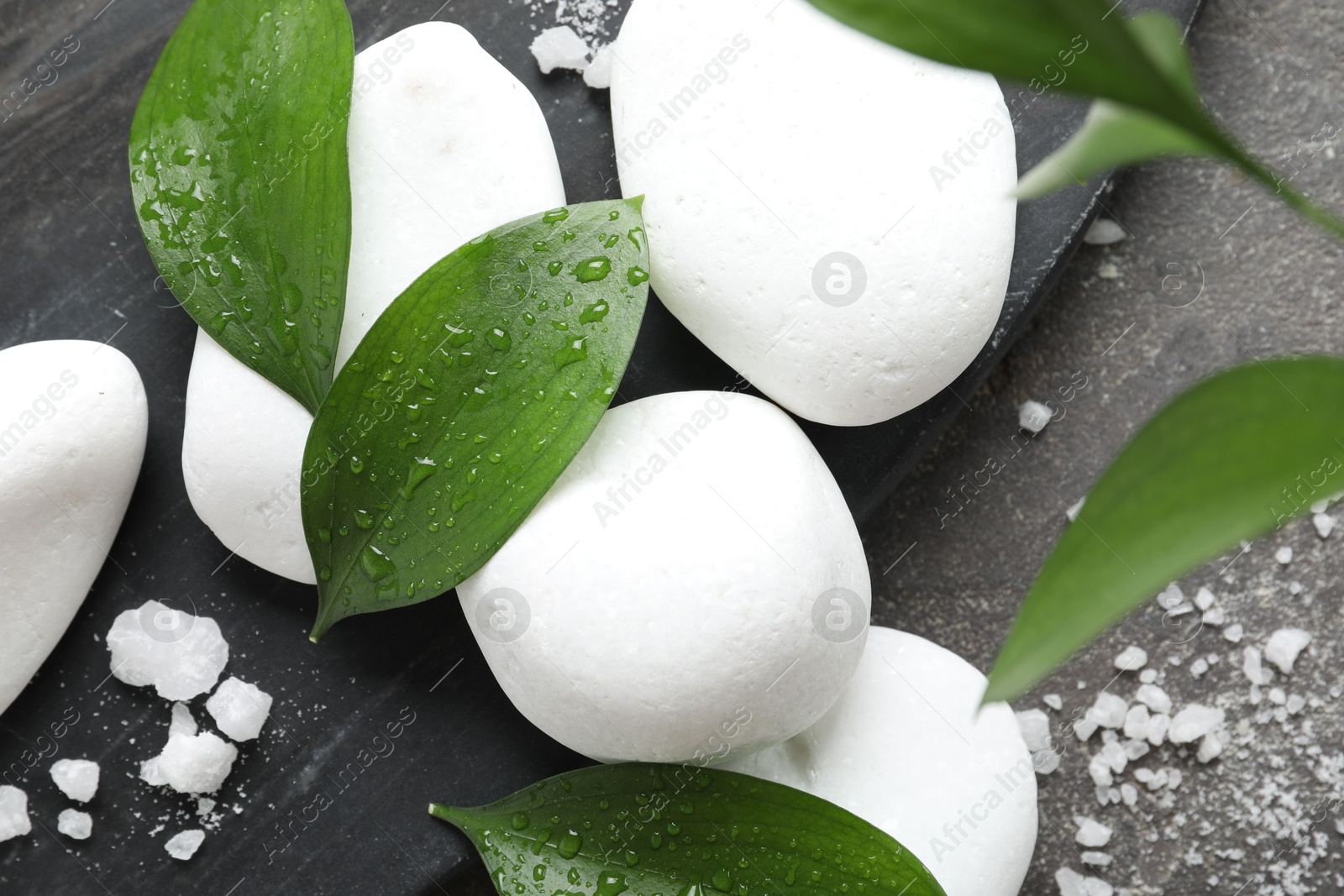 Photo of Wet spa stones, sea salt and green leaves on grey textured background, flat lay