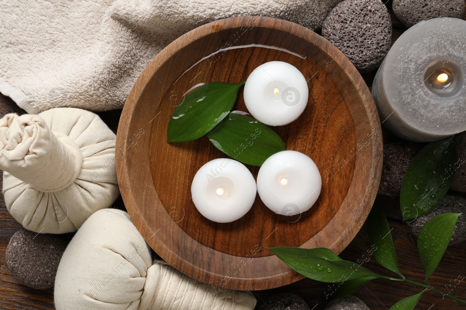 Photo of Flat lay composition with different spa products on table