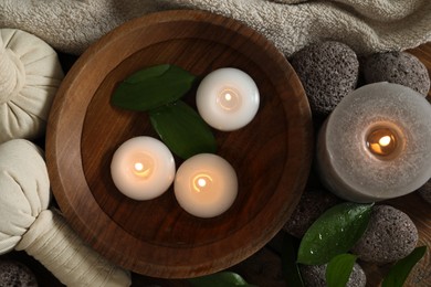 Photo of Flat lay composition with different spa products on table