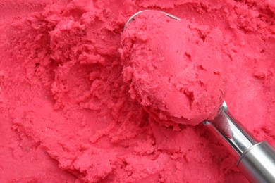 Photo of Scoop of tasty berry sorbet, top view