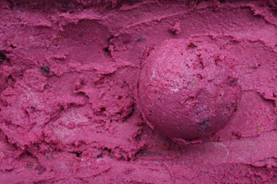 Photo of Tasty berry sorbet as background, closeup. Space for text