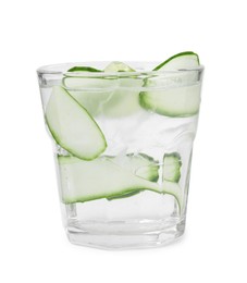 Photo of Refreshing water with sliced cucumber and lime in glass isolated on white