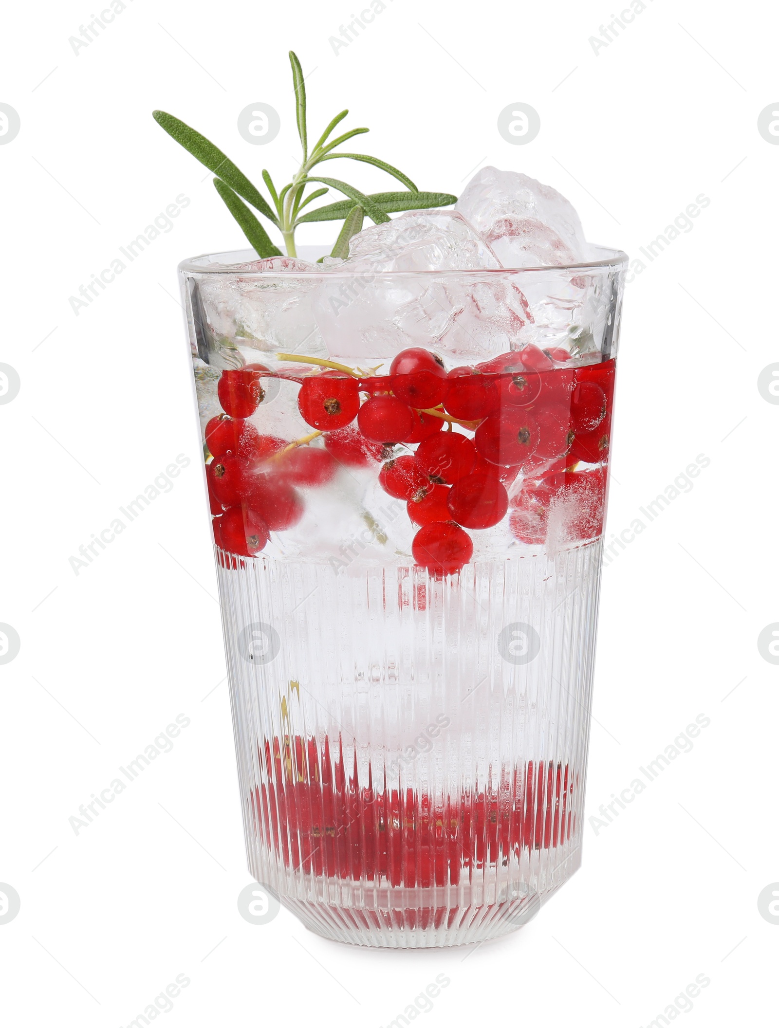 Photo of Refreshing water with red currants and rosemary in glass isolated on white