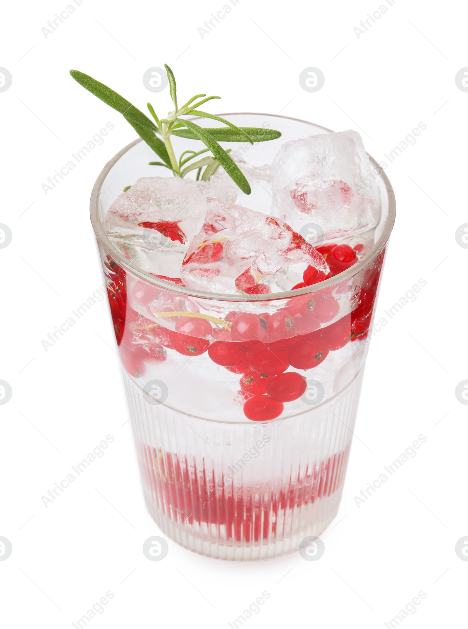 Photo of Refreshing water with red currants and rosemary in glass isolated on white