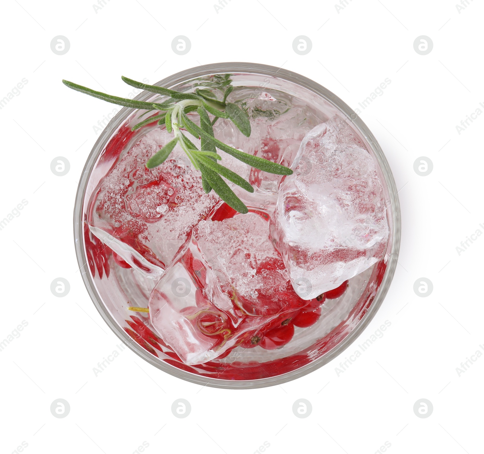 Photo of Refreshing water with red currants and rosemary in glass isolated on white, top view