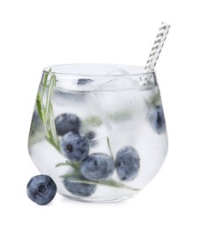 Photo of Refreshing water with blueberries and rosemary in glass isolated on white