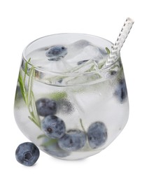 Refreshing water with blueberries and rosemary in glass isolated on white