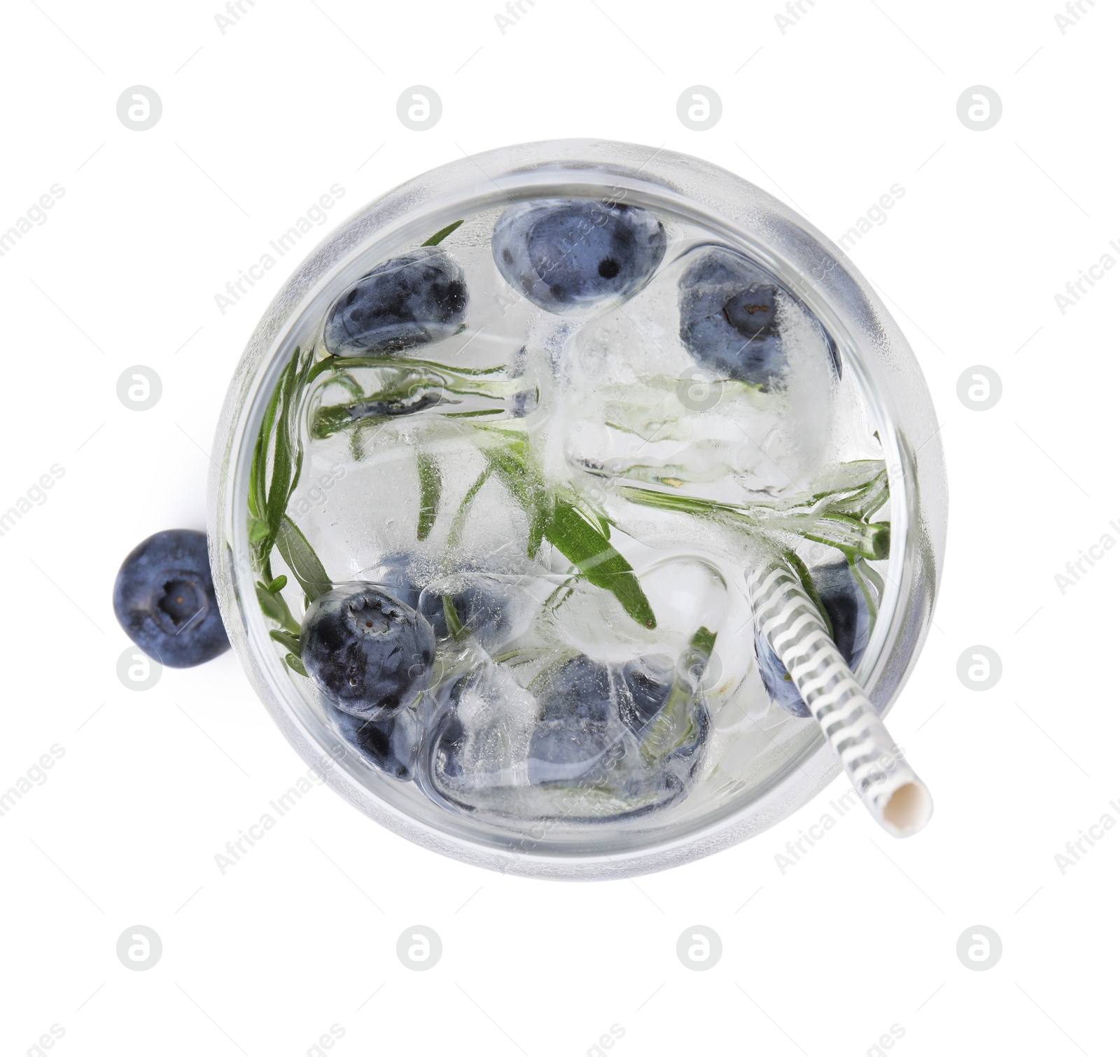 Photo of Refreshing water with blueberries and rosemary in glass isolated on white, top view