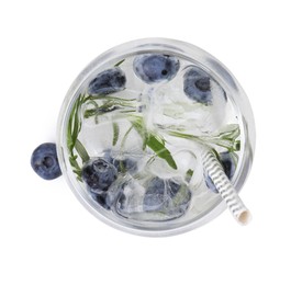 Refreshing water with blueberries and rosemary in glass isolated on white, top view