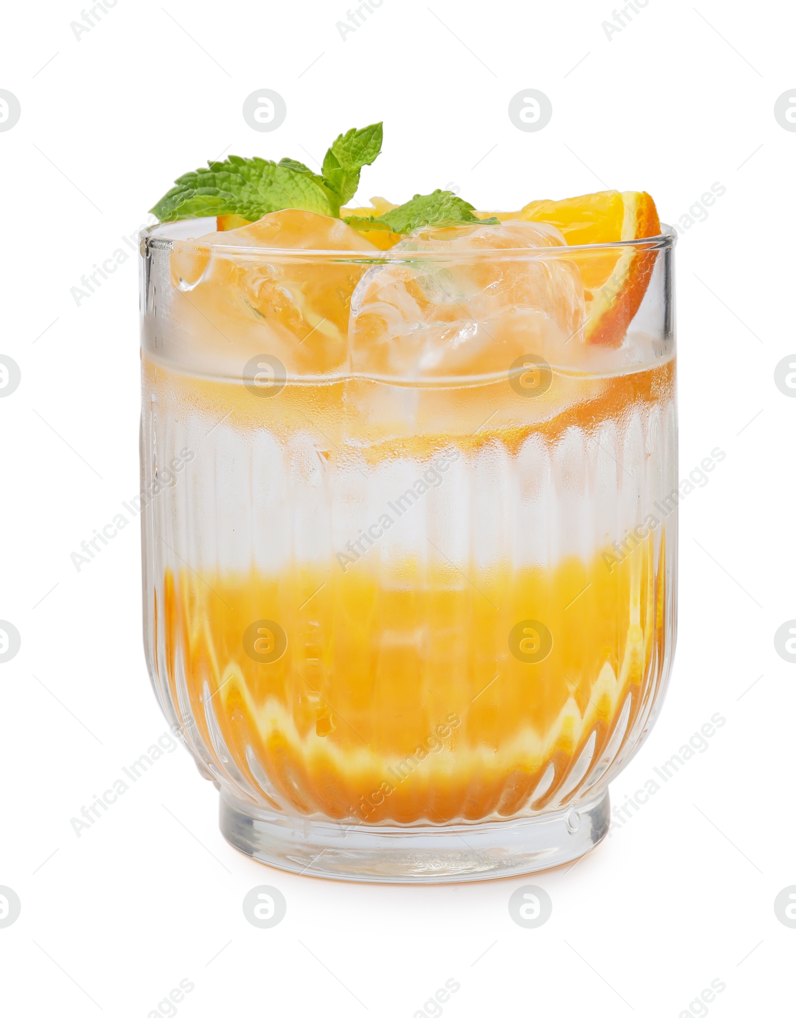 Photo of Refreshing water with orange and mint in glass isolated on white