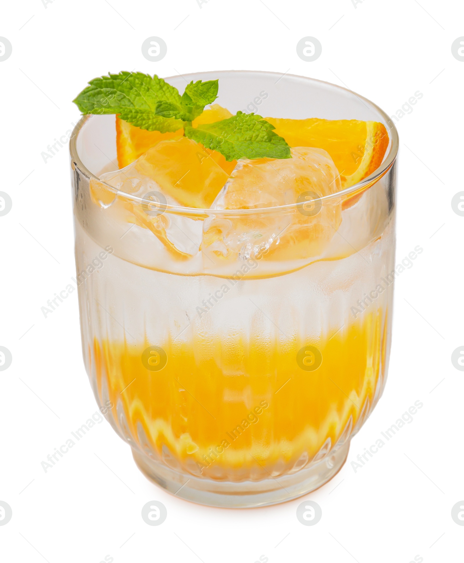 Photo of Refreshing water with orange and mint in glass isolated on white