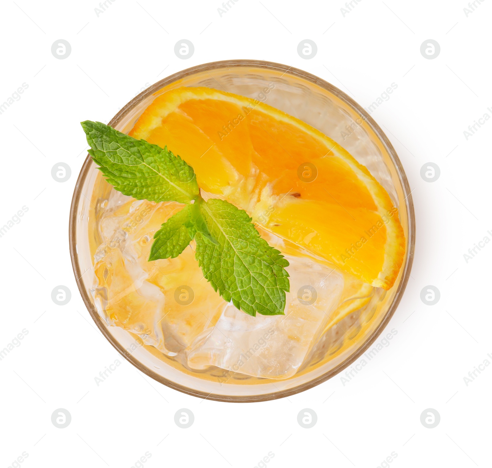 Photo of Refreshing water with orange and mint in glass isolated on white, top view