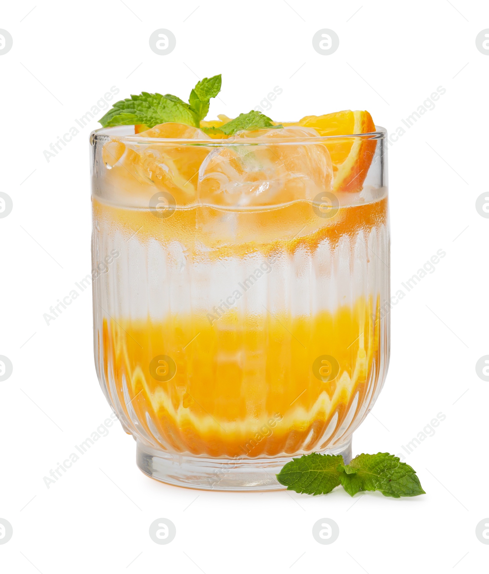 Photo of Refreshing water with orange and mint in glass isolated on white