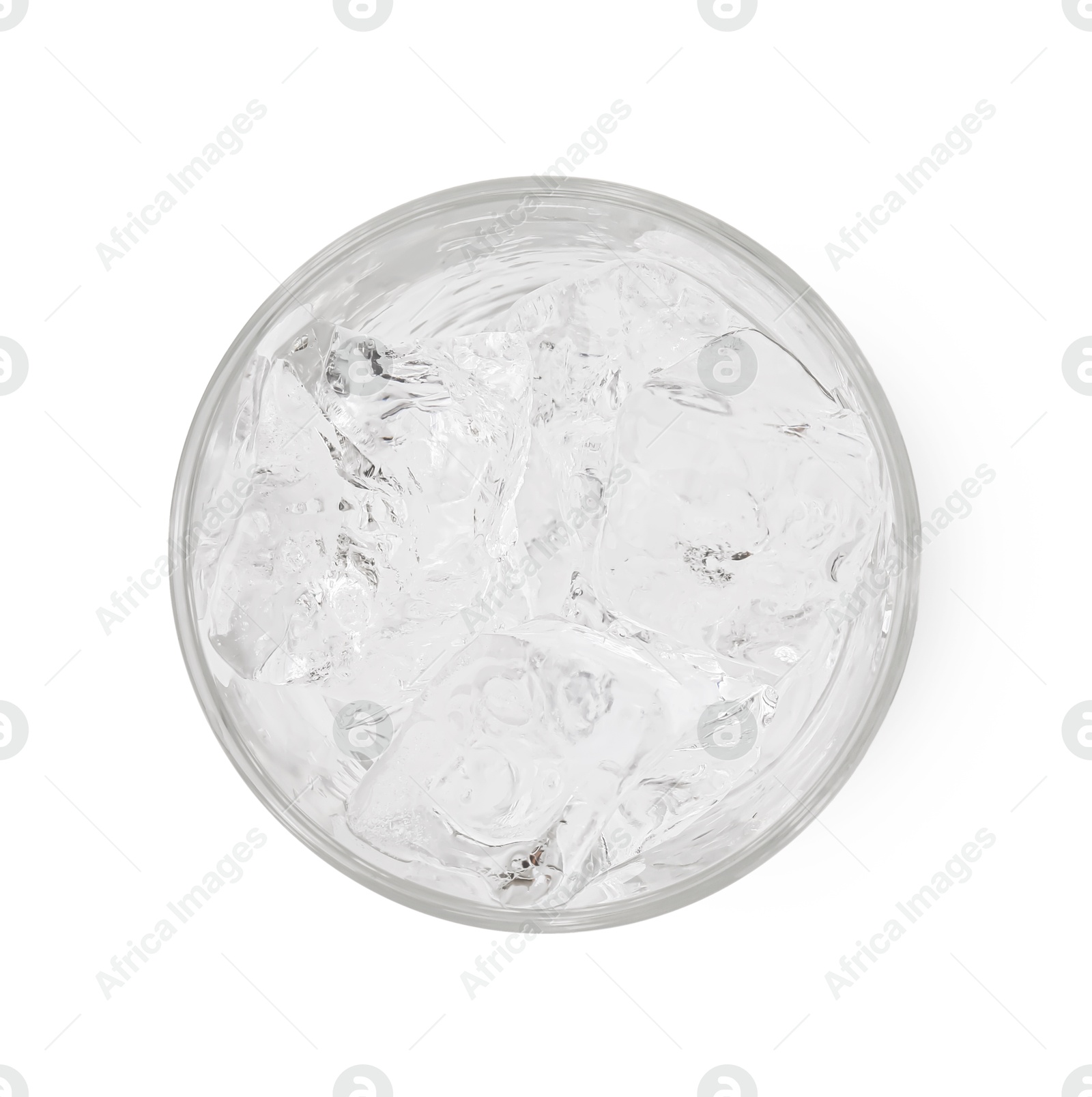 Photo of Refreshing water with ice cubes in glass isolated on white, top view