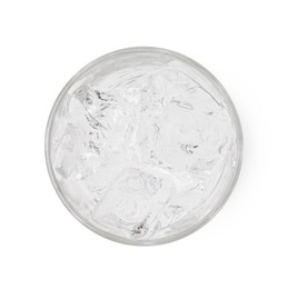 Photo of Refreshing water with ice cubes in glass isolated on white, top view