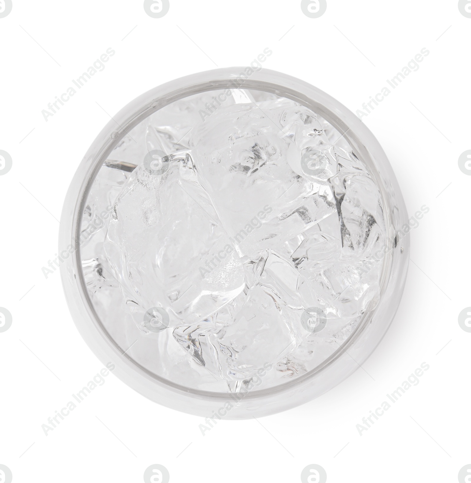 Photo of Refreshing water with ice cubes in glass isolated on white, top view