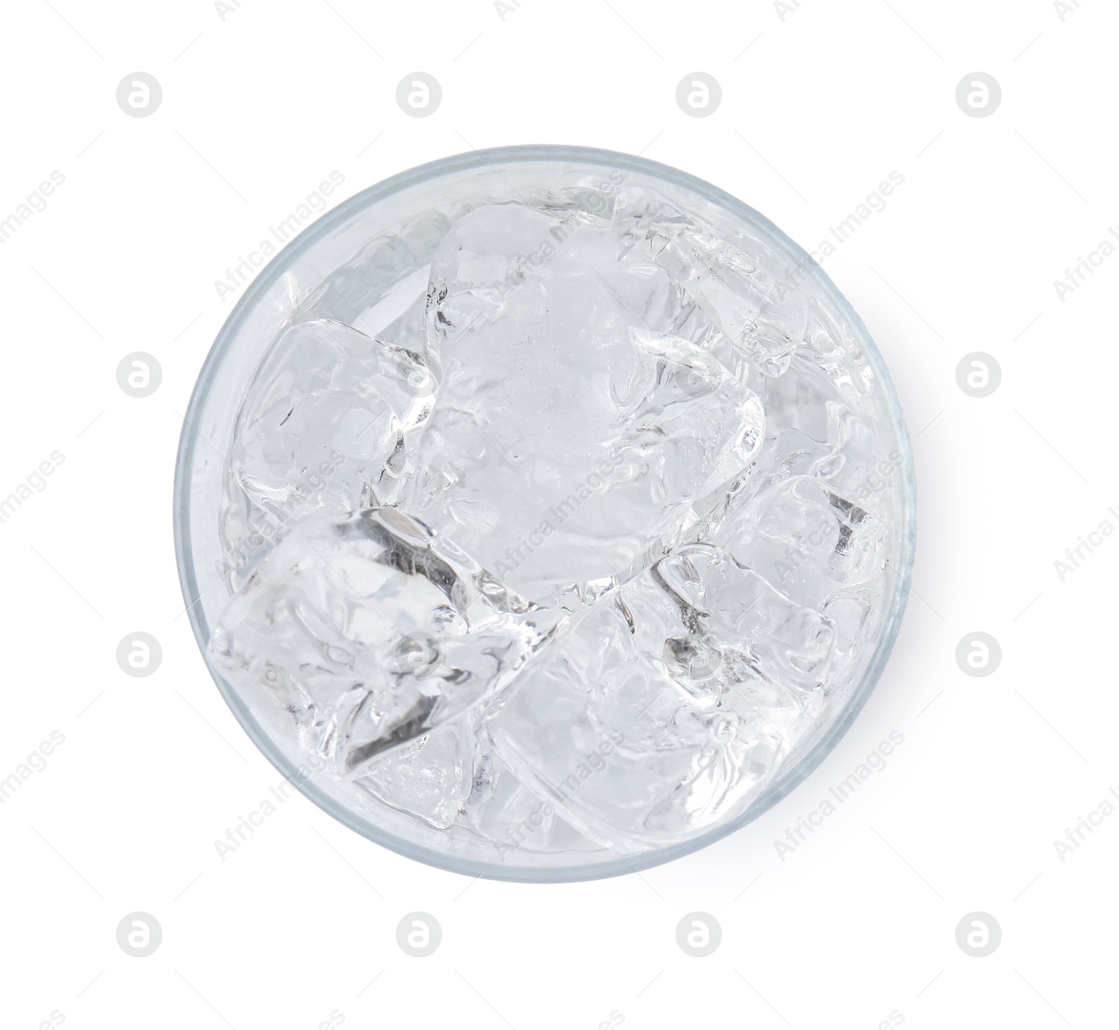 Photo of Refreshing water with ice cubes in glass isolated on white, top view