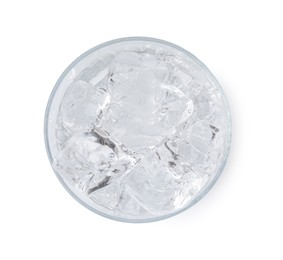 Photo of Refreshing water with ice cubes in glass isolated on white, top view