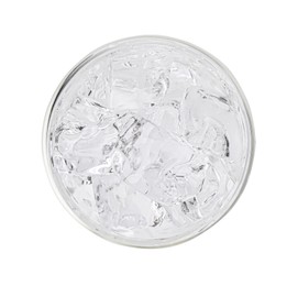 Photo of Refreshing water with ice cubes in glass isolated on white, top view