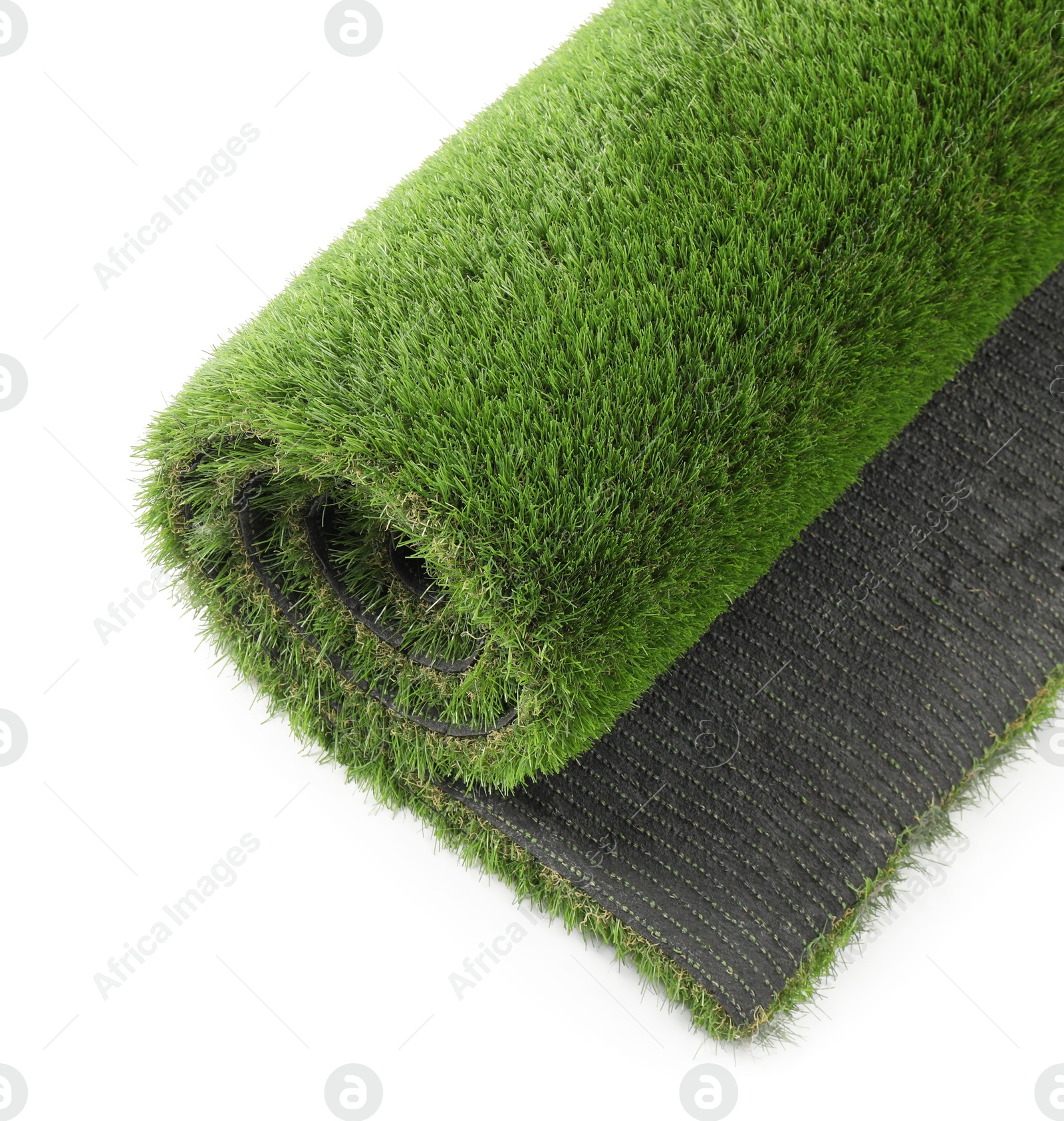 Photo of Roll of green artificial grass isolated on white, top view