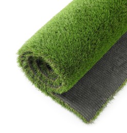 Roll of green artificial grass isolated on white, top view