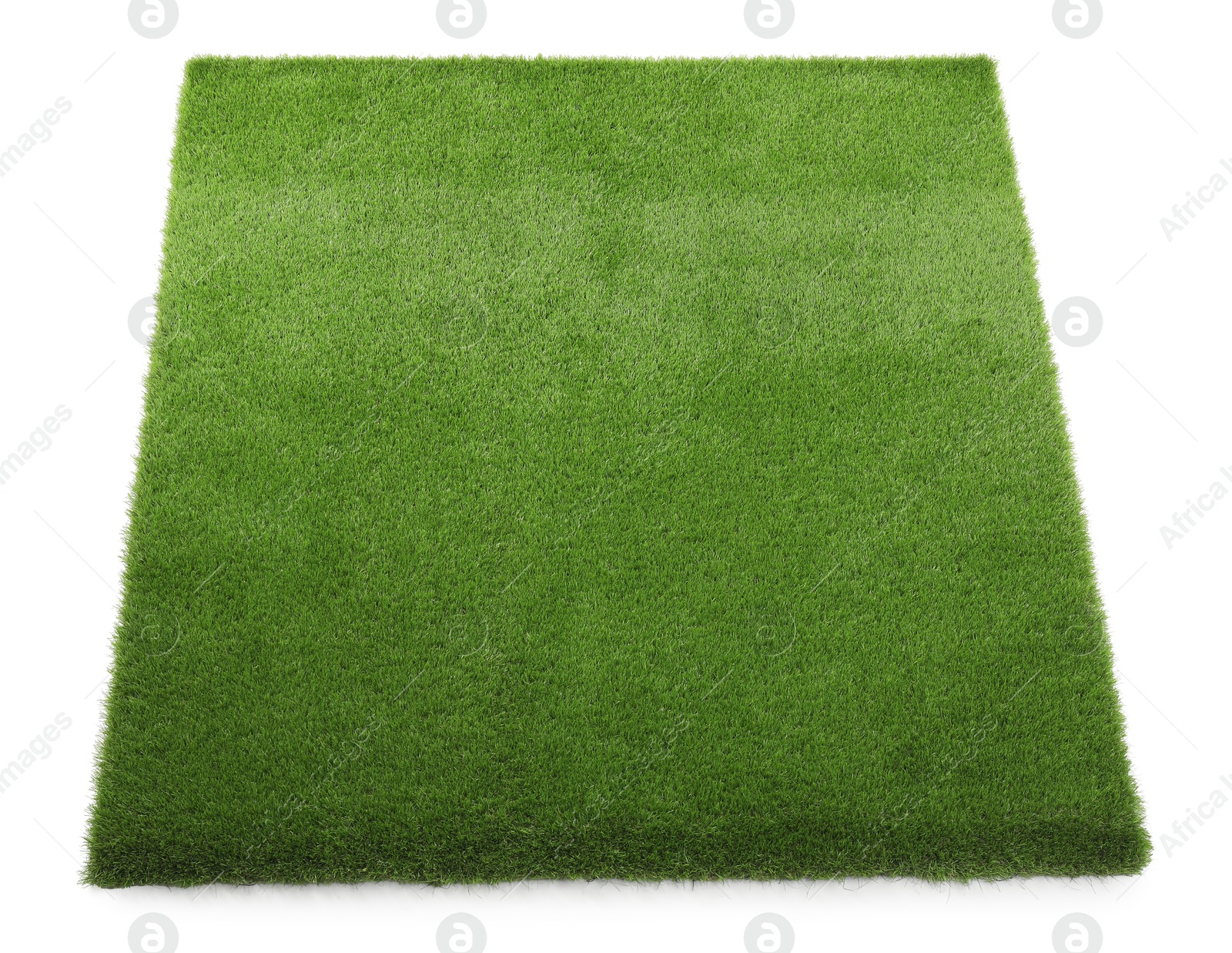 Photo of Green artificial grass isolated on white, top view