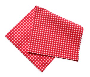 Photo of Red checkered picnic tablecloth isolated on white, top view