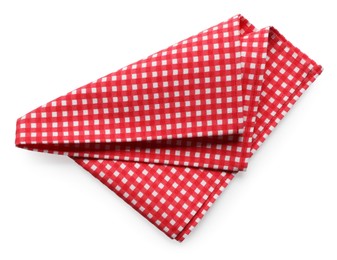 Photo of Red checkered picnic tablecloth isolated on white, top view