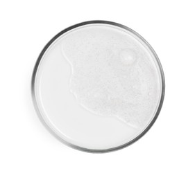 Petri dish with sample isolated on white, top view