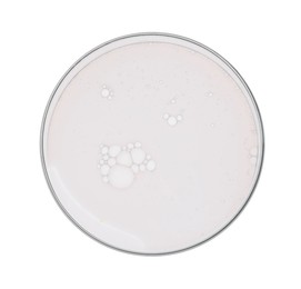 Petri dish with sample isolated on white, top view