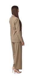 Photo of Woman in beige suit on white background
