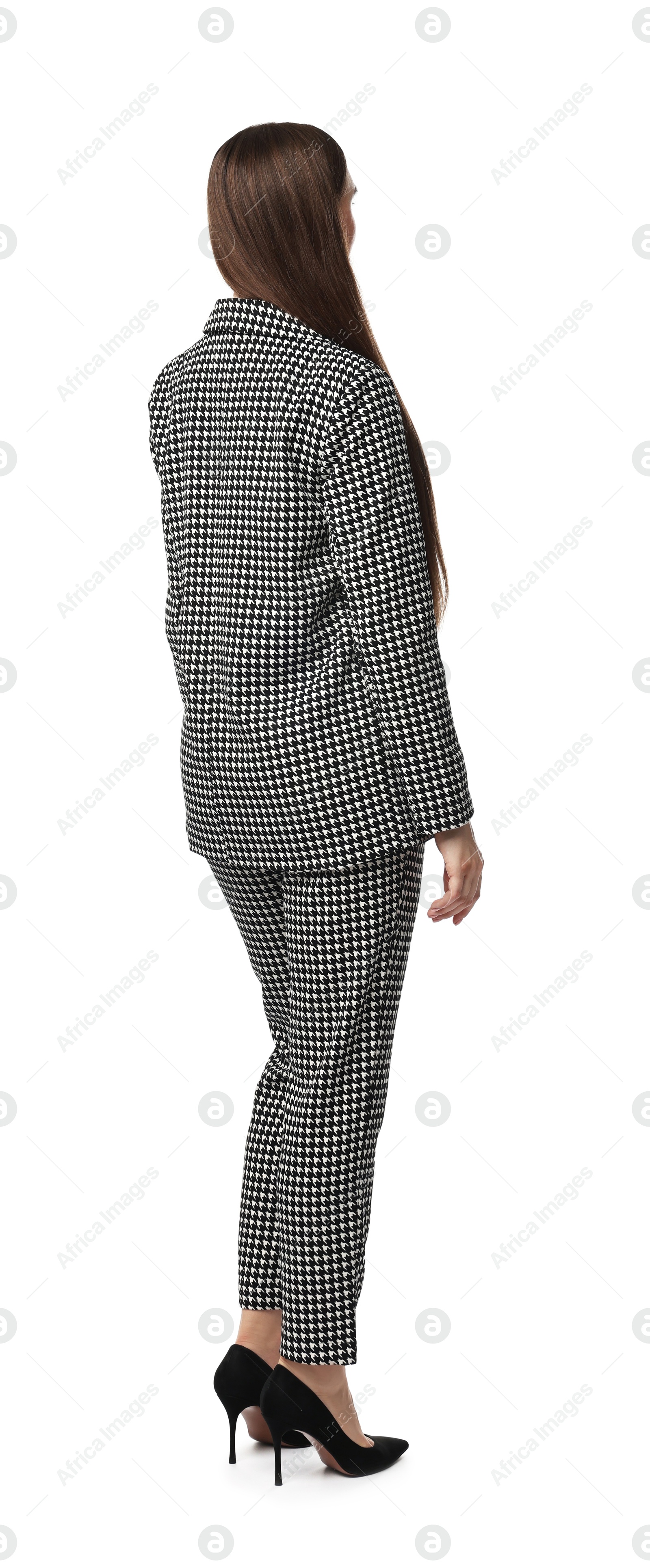 Photo of Woman in stylish suit on white background, back view