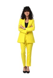 Photo of Beautiful young woman in stylish yellow suit isolated on white