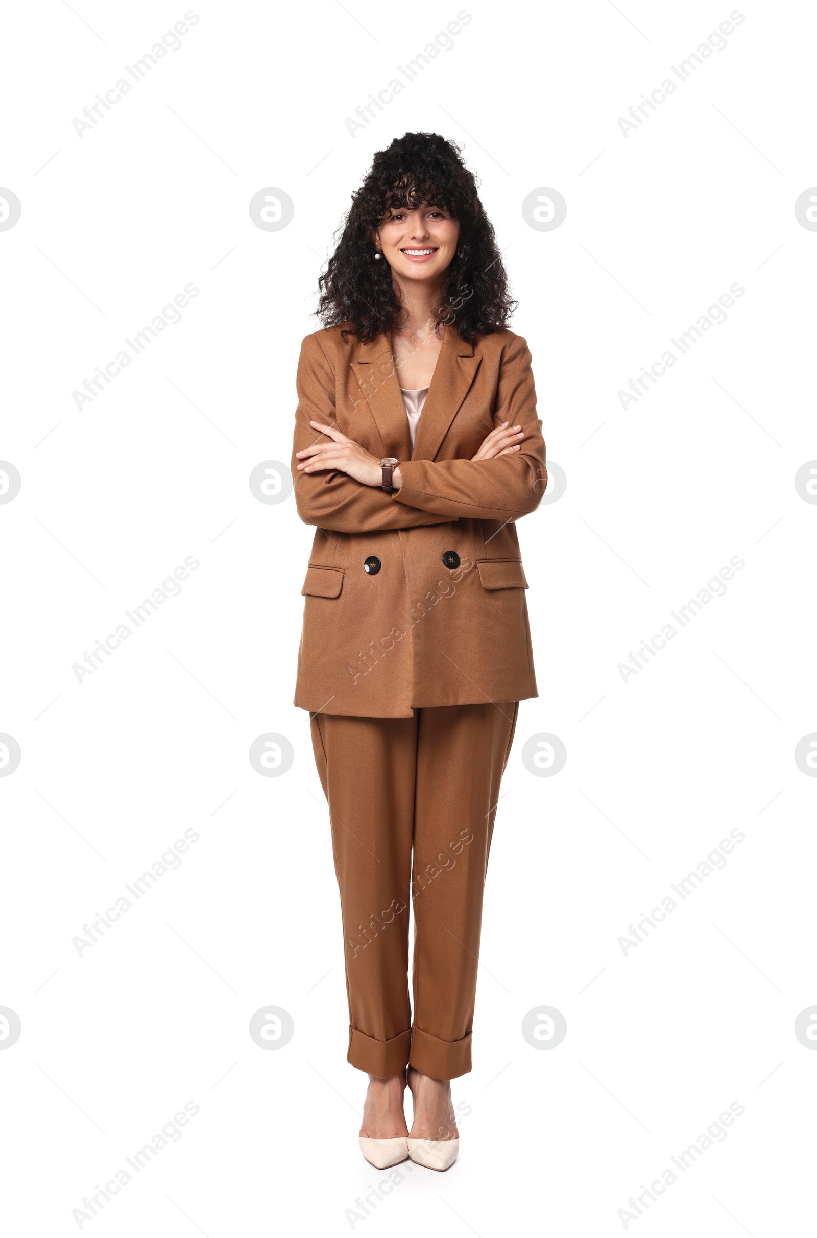 Photo of Beautiful young woman in stylish suit isolated on white