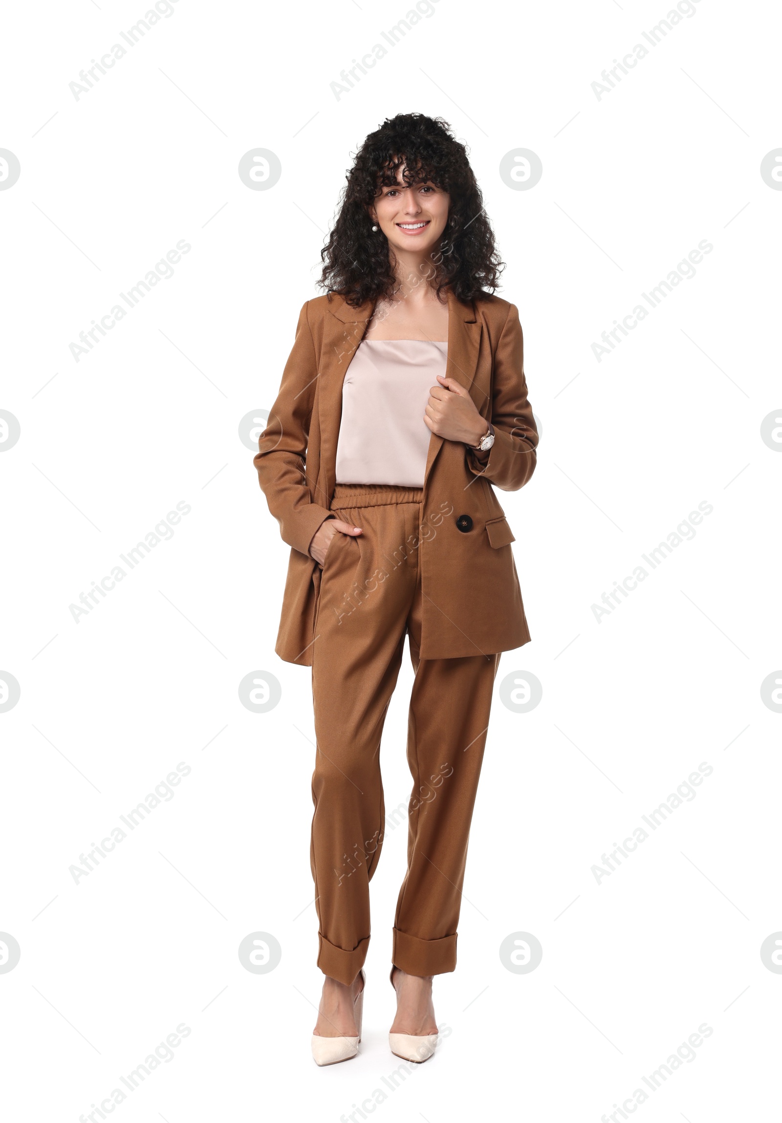 Photo of Beautiful young woman in stylish suit isolated on white