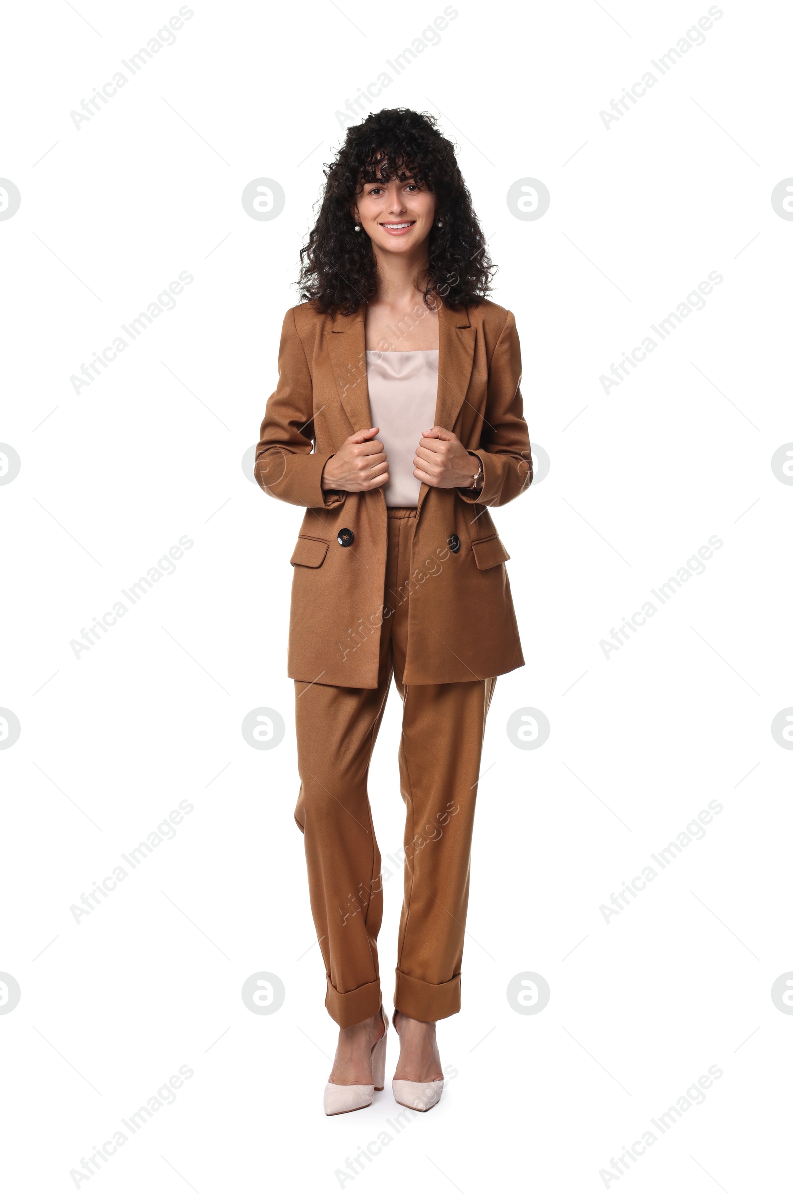 Photo of Beautiful young woman in stylish suit isolated on white