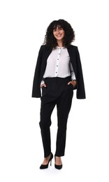 Photo of Beautiful young woman in black suit isolated on white