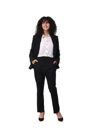 Photo of Beautiful young woman in black suit isolated on white