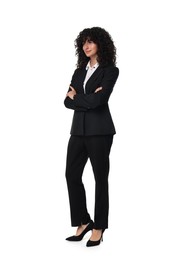 Photo of Beautiful young woman in black suit isolated on white