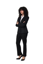 Beautiful young woman in black suit isolated on white