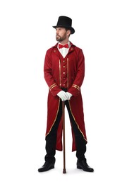 Portrait of showman in red costume and hat on white background