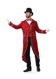 Photo of Portrait of showman in red costume and hat on white background