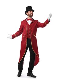 Photo of Portrait of showman in red costume and hat on white background