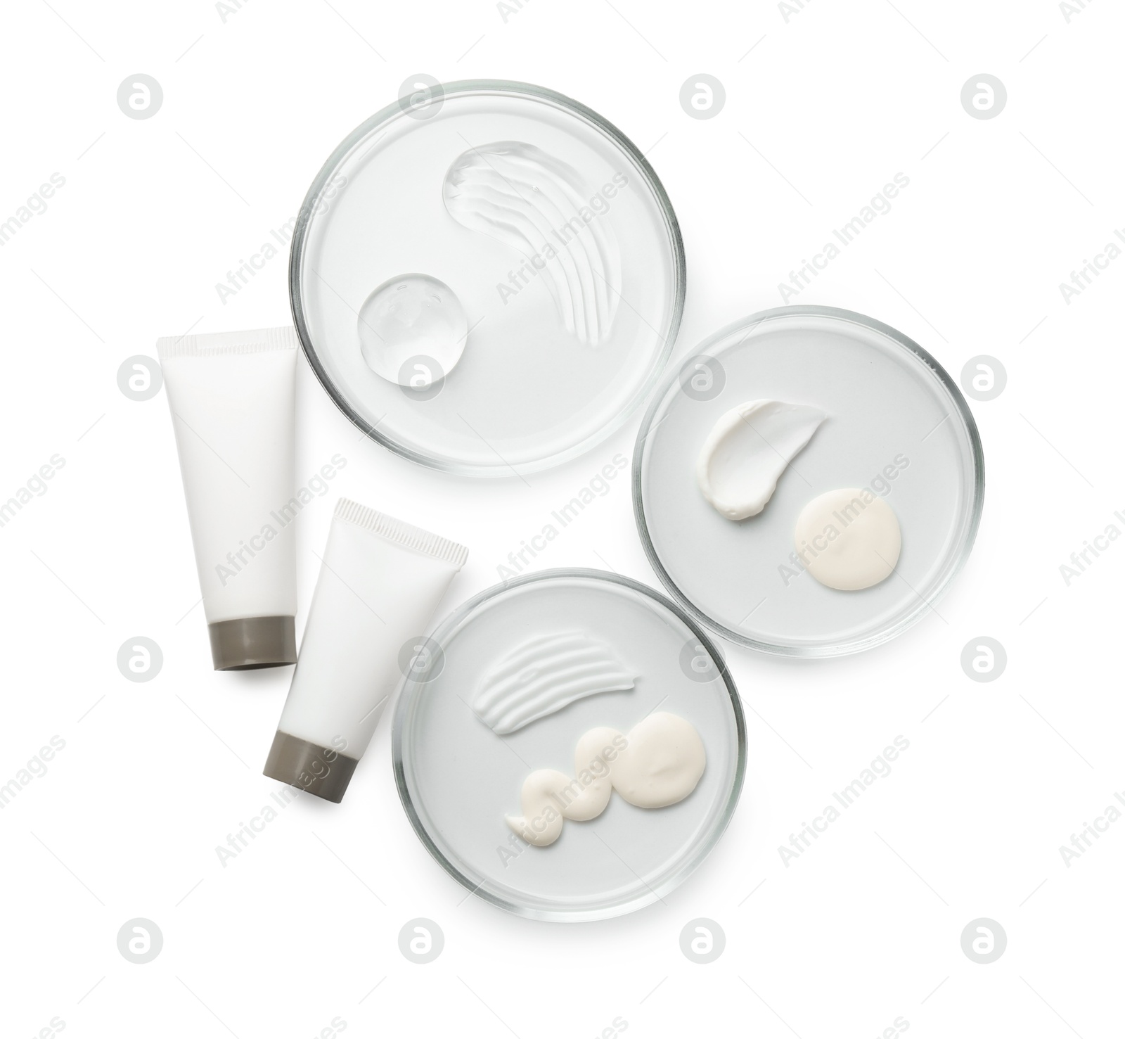 Photo of Petri dishes with different cosmetic products isolated on white, flat lay