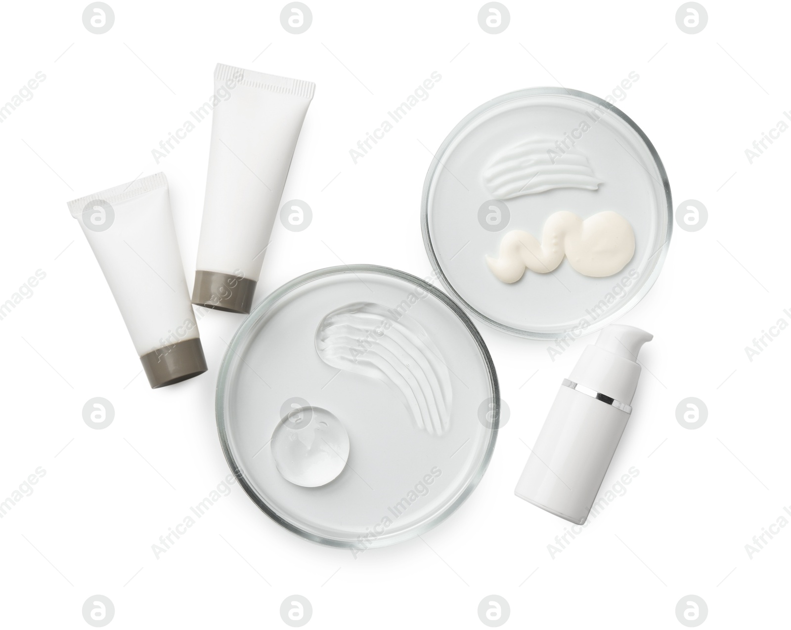 Photo of Petri dishes with different cosmetic products isolated on white, flat lay