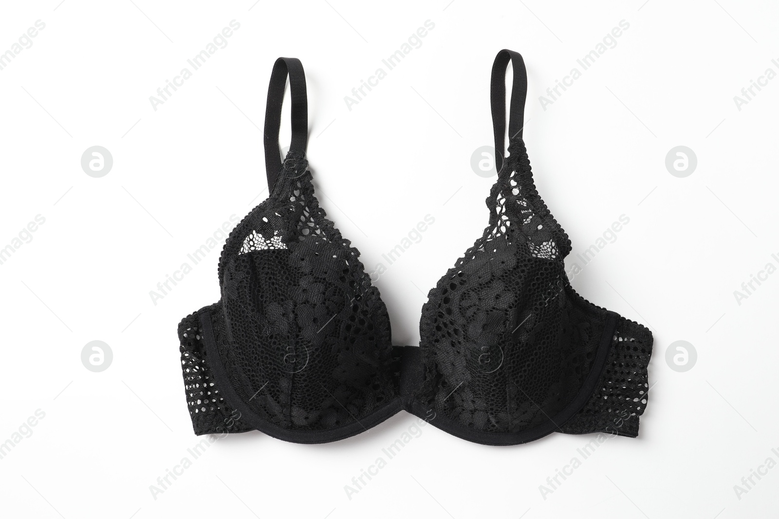 Photo of Elegant black lace women's underwear isolated on white, top view