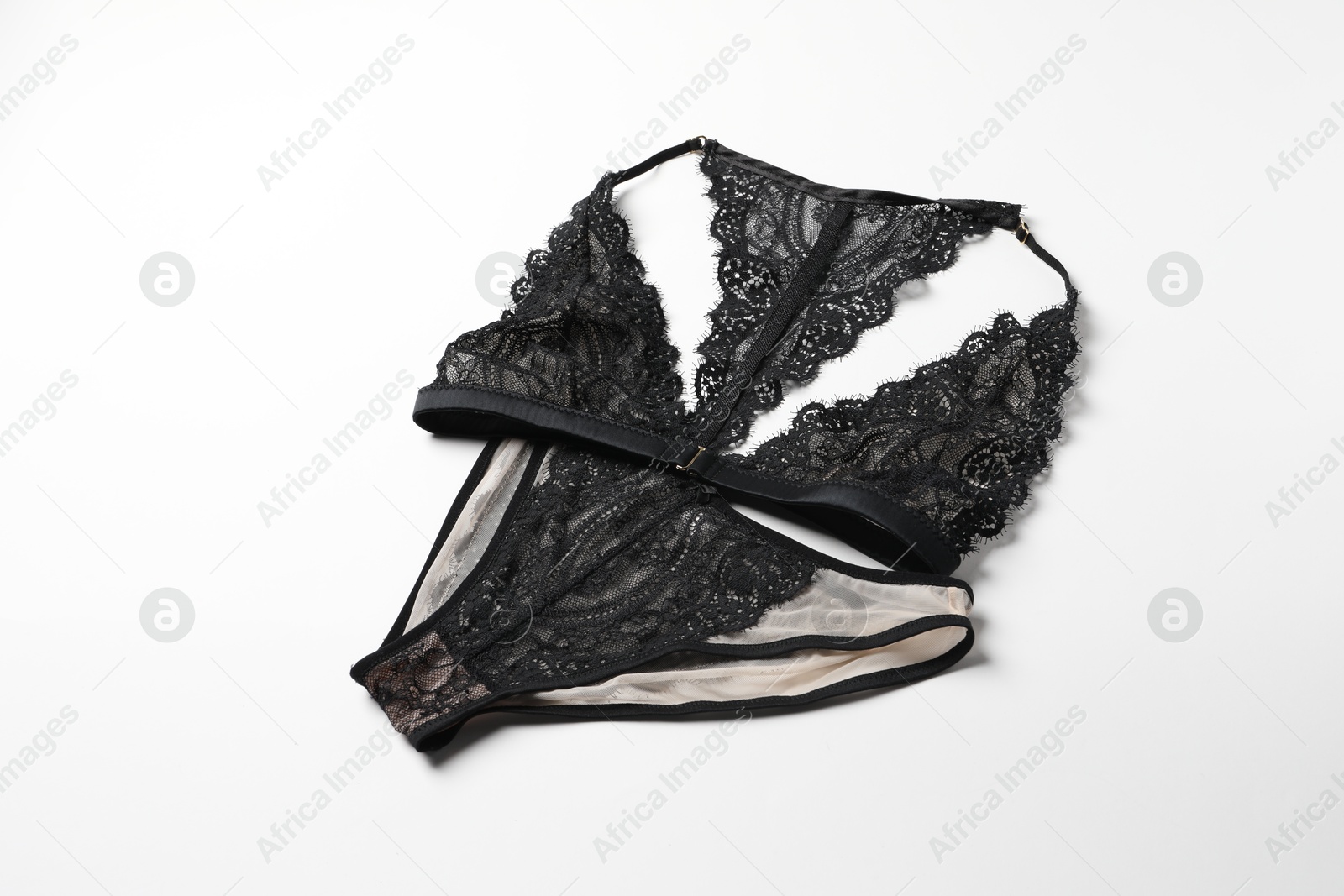 Photo of Elegant black lace women's underwear isolated on white