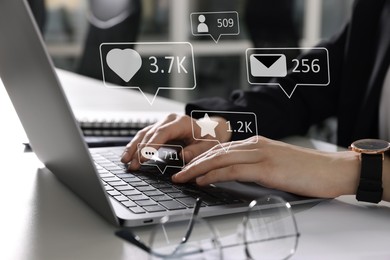 Image of Content manager. Woman working on laptop indoors, closeup. Likes, followers, e-mails, messages and adding to favorite notifications over device