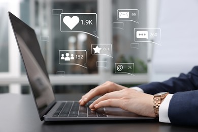 Image of Content manager. Woman working on laptop indoors, closeup. Likes, followers, e-mails, messages and adding to favorite notifications over device